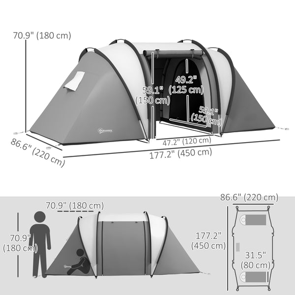 Camping tent with 2 bedrooms and a living area, 3000 mm waterproof, grey.