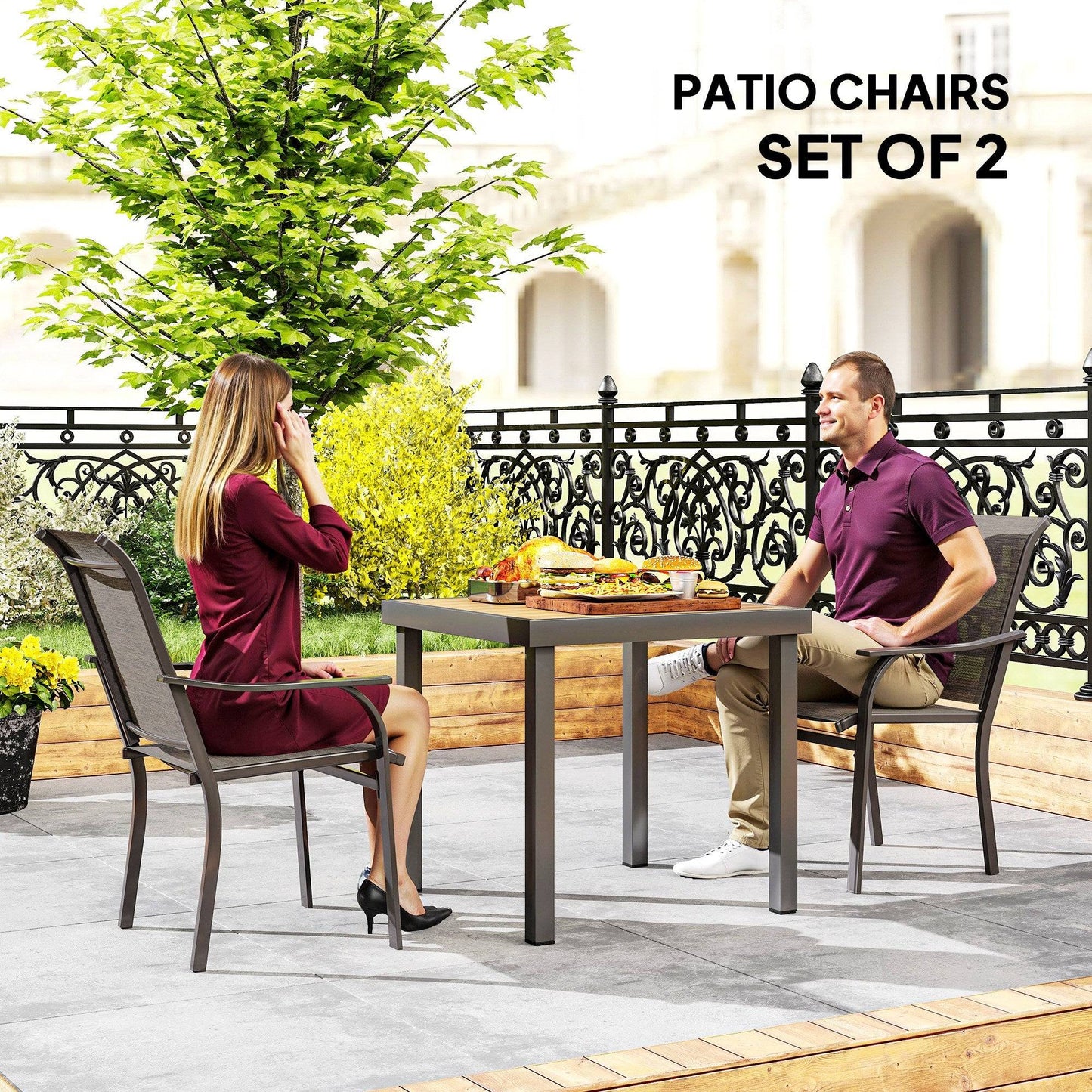 Lot de 2 chaises de patio avec accoudoirs et dossier haut, marron