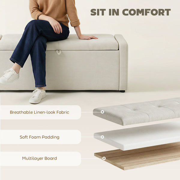 Linen-look fabric upholstered storage ottoman bench with storage, wide and padded seat, cream white
