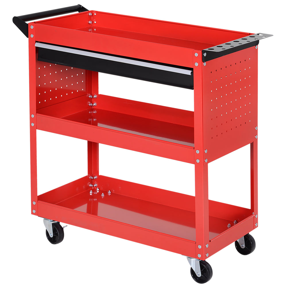 Utility trolley with ball-bearing drawer for garage, warehouse, workshop, red