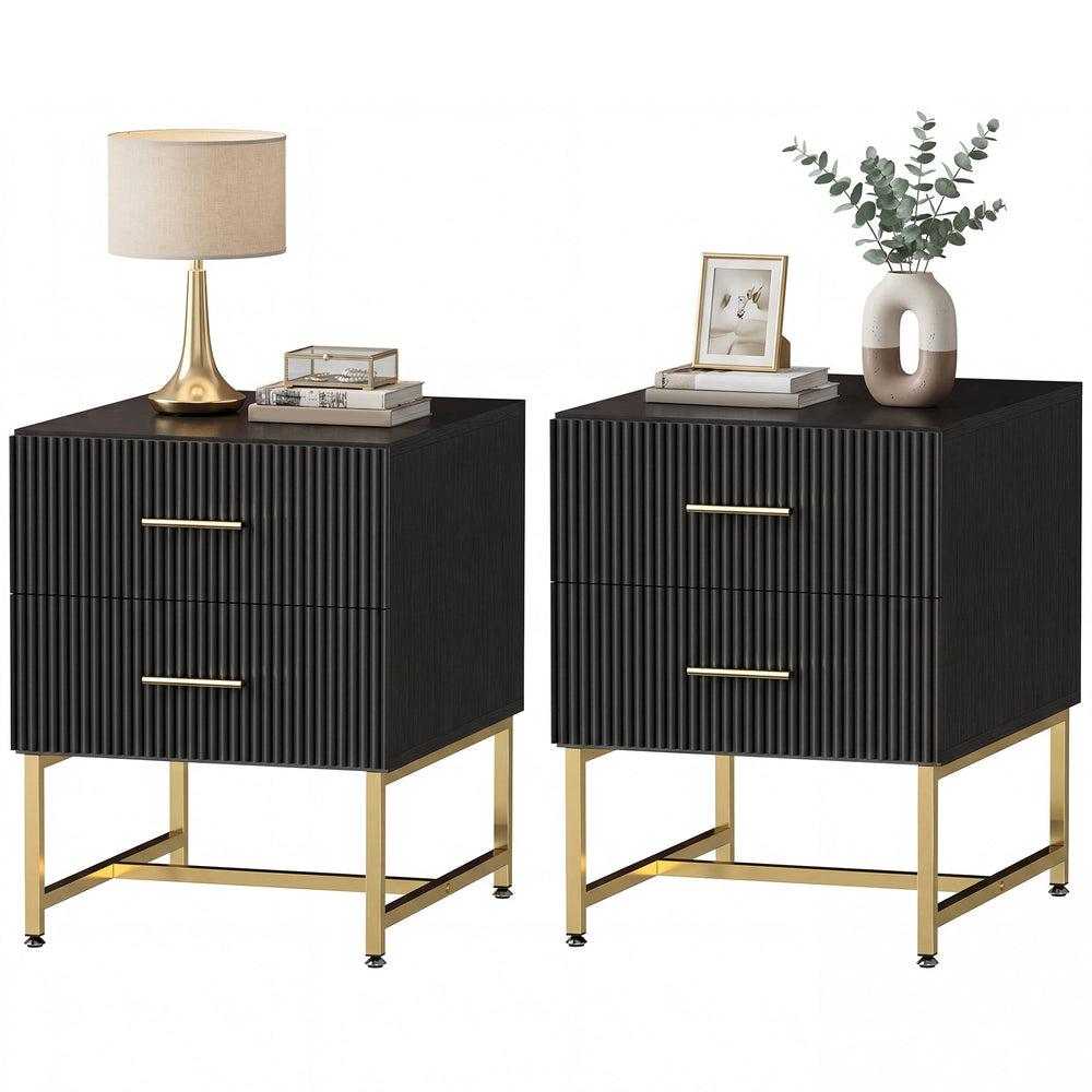 Ensemble de 2 tables de chevet avec tiroirs cannelés et structure en métal – Noir et doré