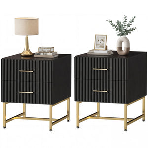 Ensemble de 2 tables de chevet avec tiroirs cannelés et structure en métal – Noir et doré