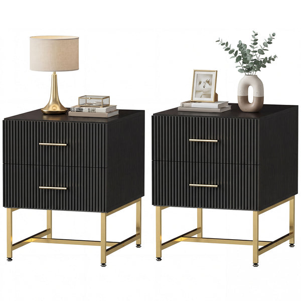 Ensemble de 2 tables de chevet avec tiroirs cannelés et structure en métal – Noir et doré