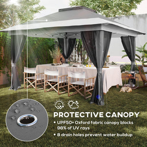 Gazebo 11,7' x 11,7' avec filet, abri solaire instantané UPF50+ avec sac de transport à roulettes et sacs de sable