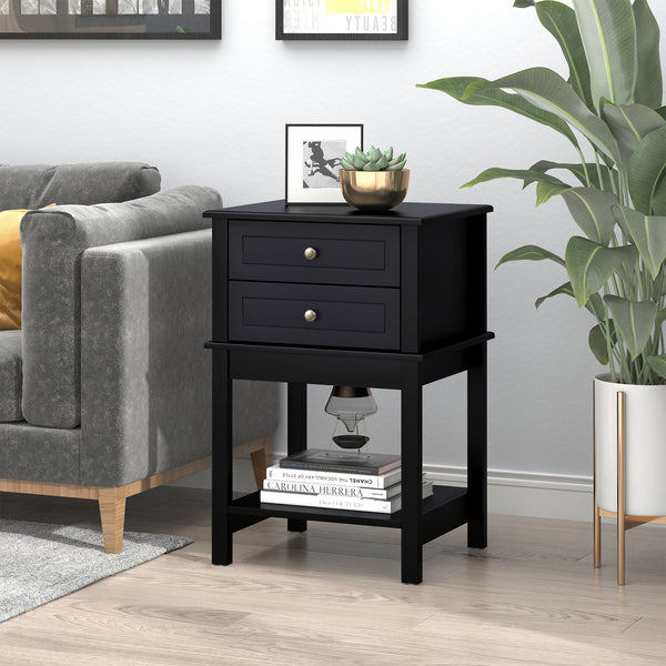 Table d'appoint moderne avec tiroirs et étagère de rangement, noire mat
