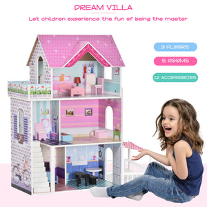 Maison de poupée en bois pour enfants de 2,9 pieds avec meubles, rose