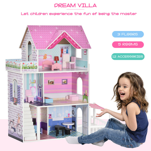 Maison de poupée en bois pour enfants de 2,9 pieds avec meubles, rose