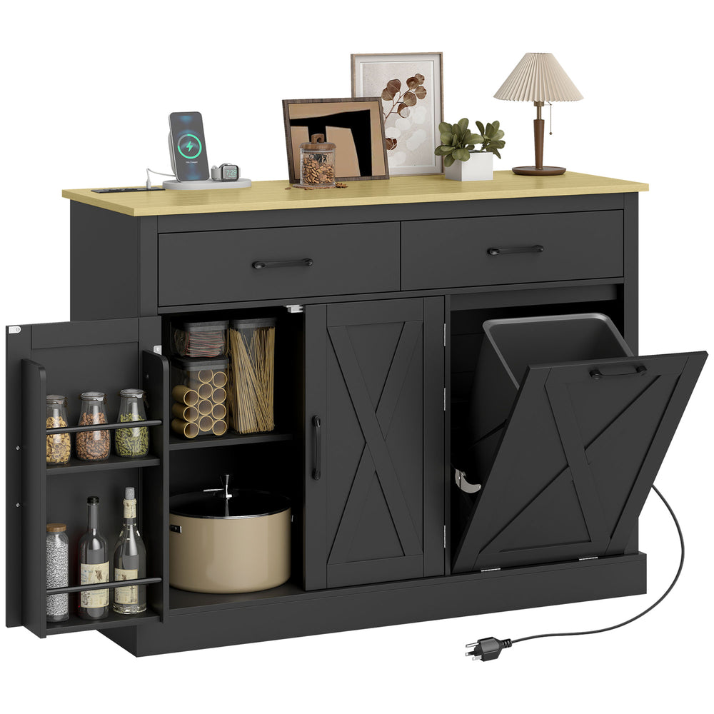 Armoire à poubelle basculante 7 gallons avec station de recharge, 2 tiroirs, 4 étagères de porte, noire
