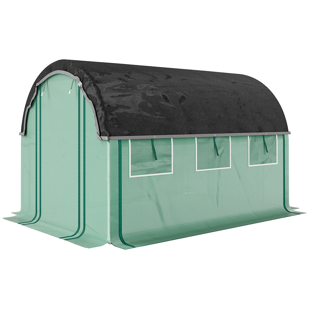Heated tunnel greenhouse for plants with shade netting and roll-up mesh side walls