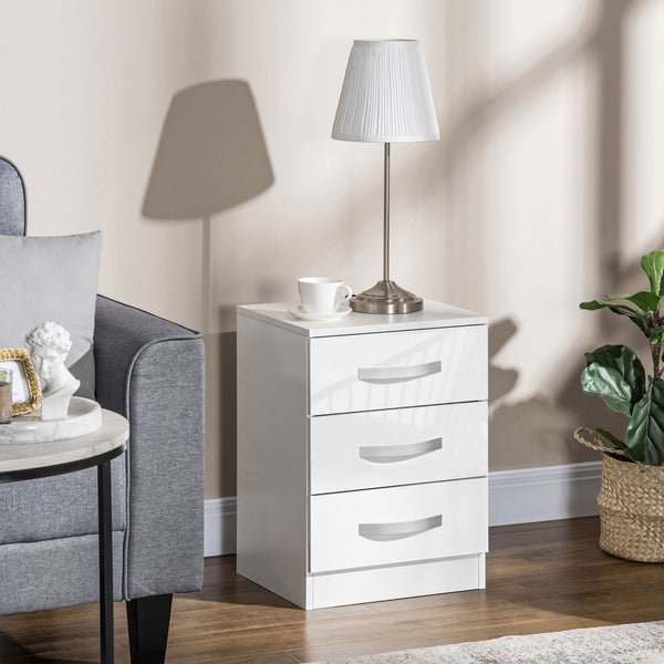 Ensemble de 2 tables de chevet modernes avec 3 tiroirs brillants, blanc