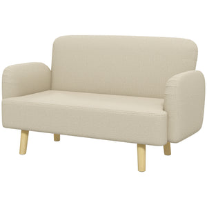 Canapé 2 places en tissu velours avec rembourrage et pieds en bois, blanc crème