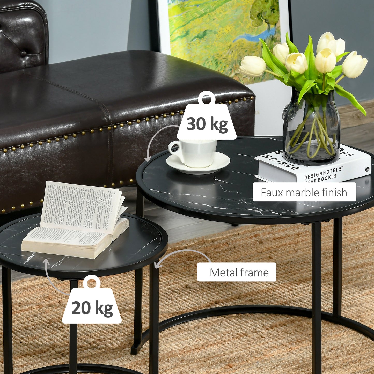 Lot de 2 tables basses rondes modernes avec plateau en faux marbre et cadre en métal, noir