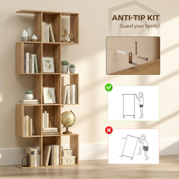 5-Tier S-Shaped Geometric Bookshelf with 15 Compartments, Oak Colour
