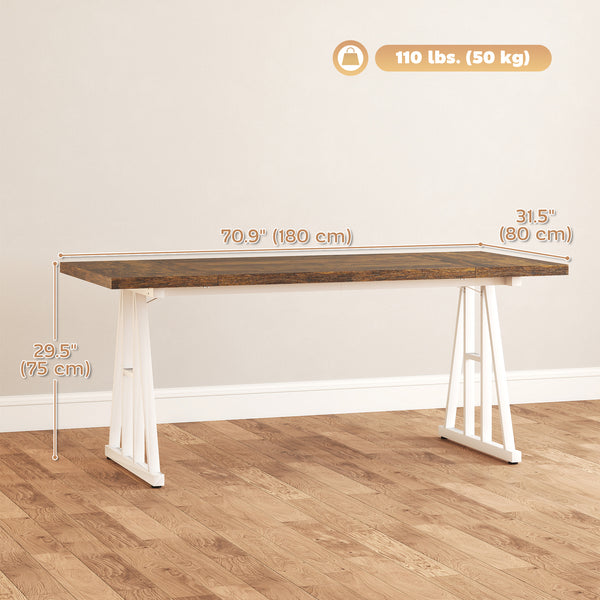 Table de cuisine style Farmhouse pour 8 personnes, rectangulaire avec plateau épais et pieds en tréteaux en acier, marron et blanc
