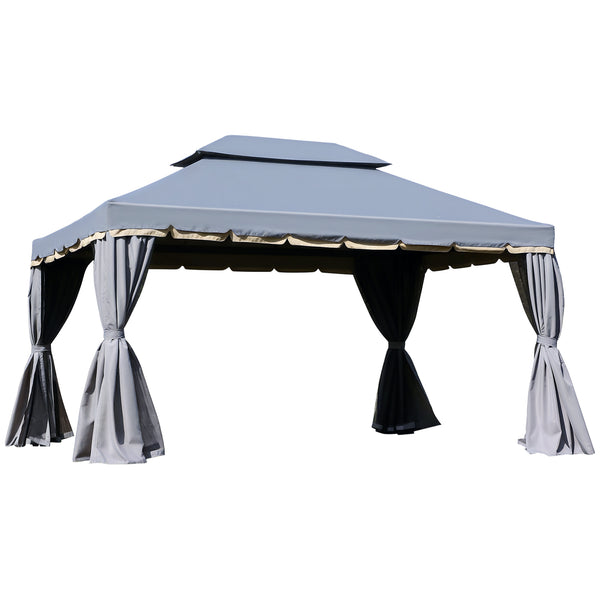 13' x 10' Patio Gazebo Canopy with 2-Tier Polyester Roof, Vented Mesh Sidewall &amp; Strong Aluminum Frame, Gray