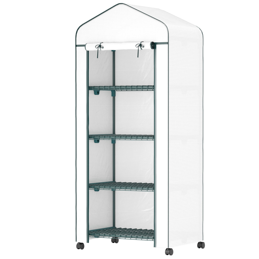Portable greenhouse with 4 shelves, PE cover, white