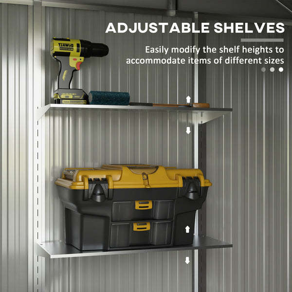 Abri de jardin galvanisé avec étagères réglables, double porte coulissante et aérations