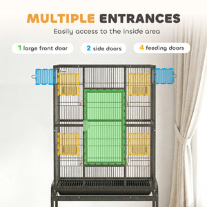 56"H Bird Cage, Parrot Cage with Detachable Rolling Stand, Removable Tray, Storage Shelf, Perches, Food Container