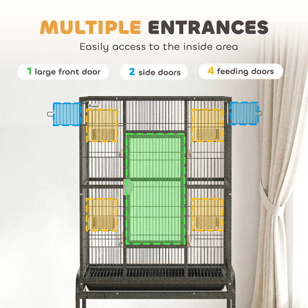56"H Bird Cage, Parrot Cage with Detachable Rolling Stand, Removable Tray, Storage Shelf, Perches, Food Container