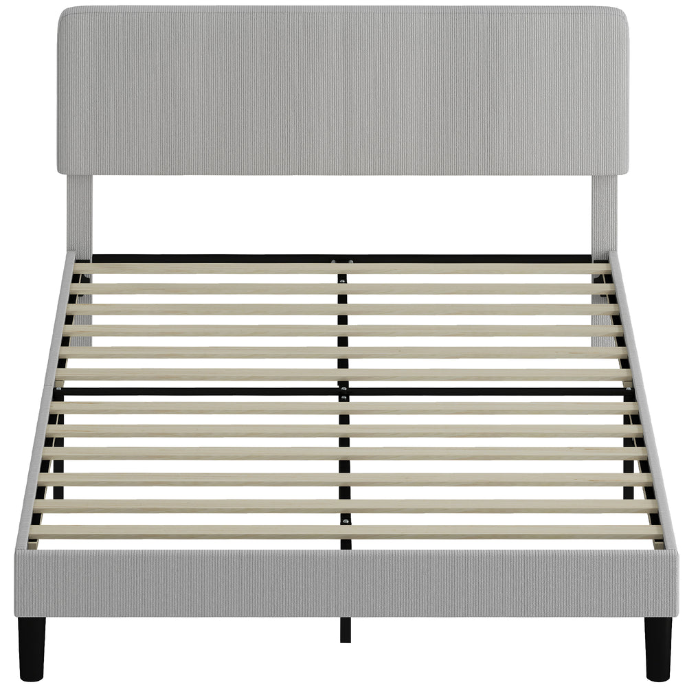 Queen size bed frame with adjustable upholstered headboard, wooden slatted base, quiet, light grey