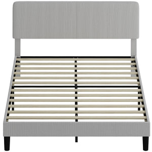 Queen size bed frame with adjustable upholstered headboard, wooden slatted base, quiet, light grey