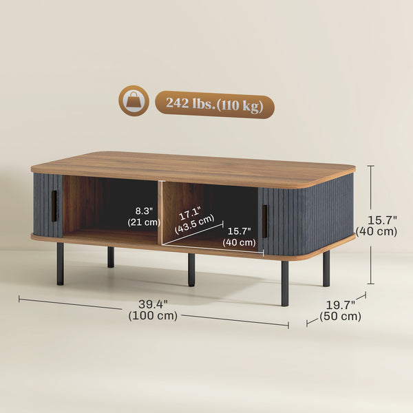 Nordic Side Table with Fluted Tambour Sliding Doors and Steel Legs, Coffee Table with Storage for Living Room, Black