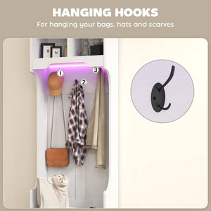 Meuble d'entrée 3 en 1 avec éclairage LED et banc, porte-manteau et rangement pour chaussures, grain de bois blanc