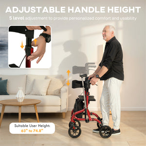 Déambulateur pliable avec siège pour seniors, léger à roulettes avec poignées réglables, rouge