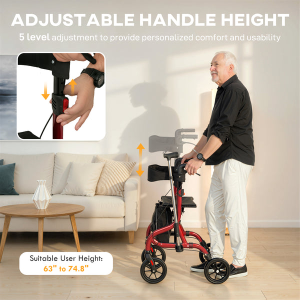 Déambulateur pliable avec siège pour seniors, léger à roulettes avec poignées réglables, rouge