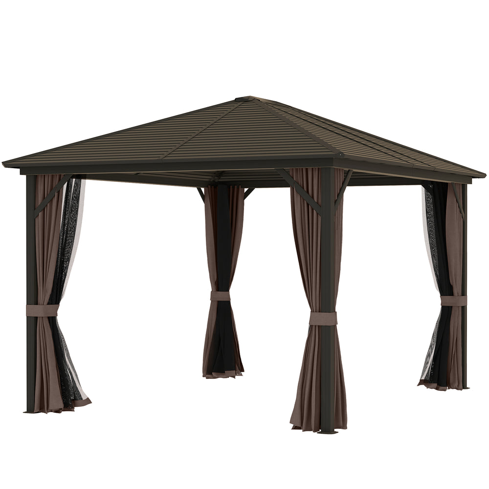 10' x 12' Deluxe Hardtop Gazebo Aluminum Frame Patio Gazebo Garden Sun Shelter Outdoor Pavilion, Coffee