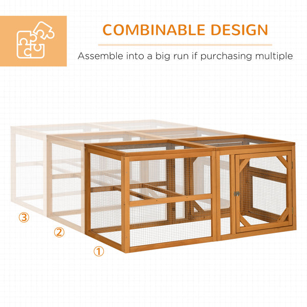 Outdoor wooden chicken coop extension with perches
