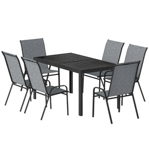 6-seater outdoor dining set, mesh stacking chairs with parasol hole, grey