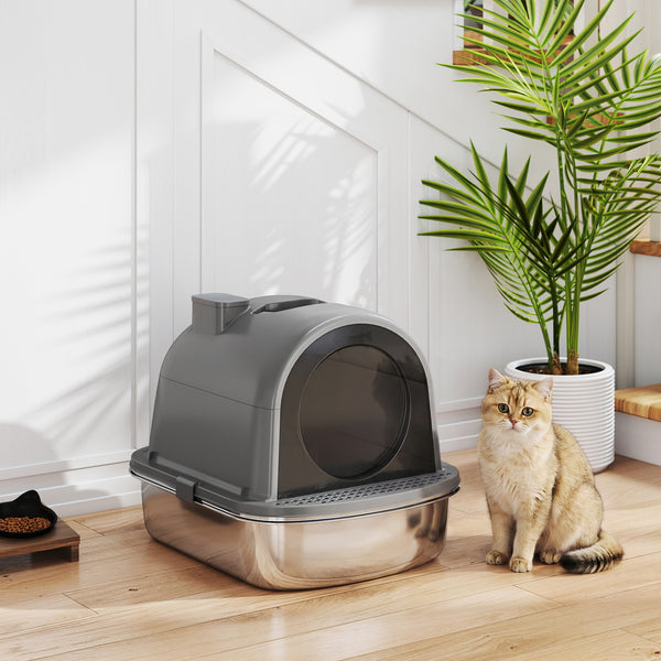 Enclosed Stainless Steel Litter Box, Metal Cat Litter Box with Scoop, Deodorizer Bag, Handle, Easy to Clean