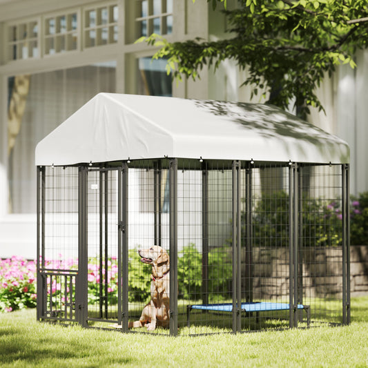 Outdoor Dog Kennel with Waterproof and UV Resistant Cover, 4-Level Rotating and Adjustable Bowls, 1.8 x 1.8 x 1.8 m