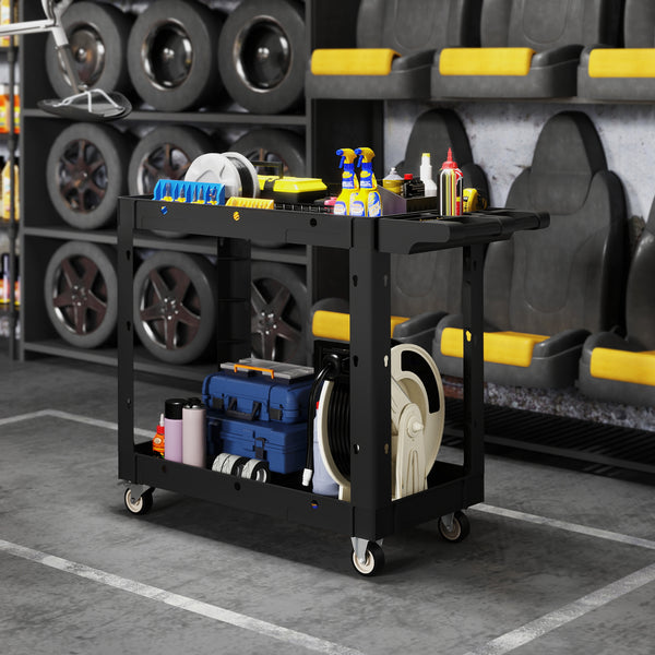 2-Tier Rolling Tool Cart, 500 lb Capacity, with Handle, Mobile Tool Organizer, Black