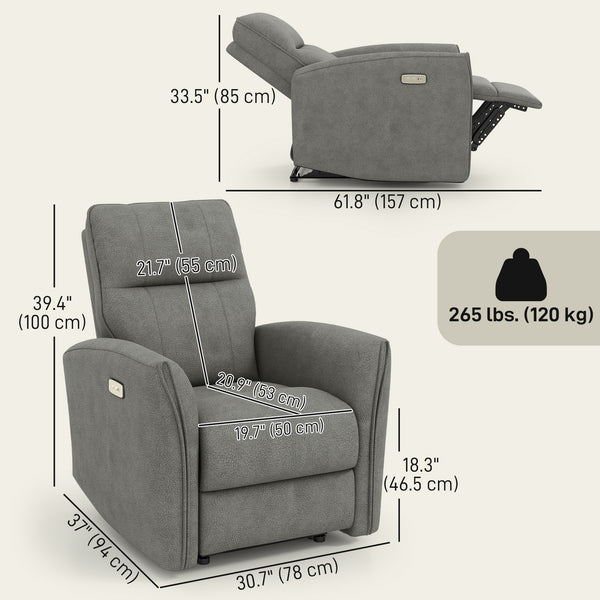 Fauteuil inclinable électrique, revêtement en tissu, ports USB, repose-pieds, gris