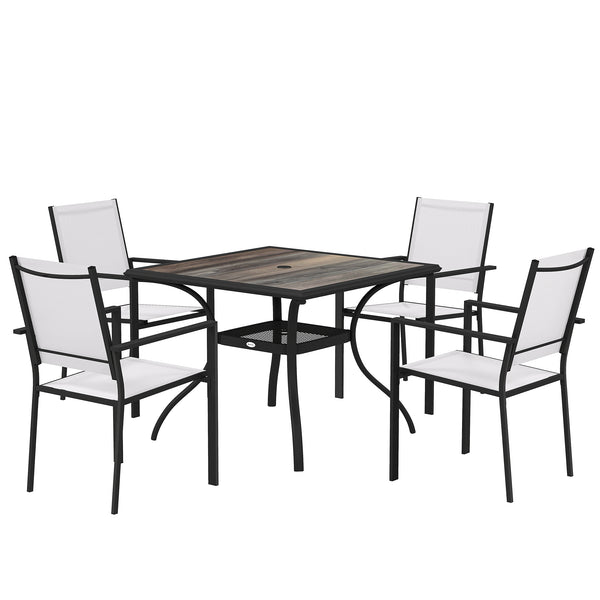 5-piece outdoor dining set, including a table and 4 stackable chairs with a parasol hole and shelf.