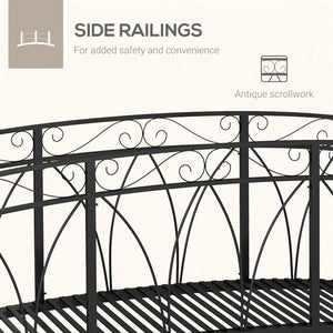 Passerelle de jardin en métal avec garde-corps et volutes décoratives, noire