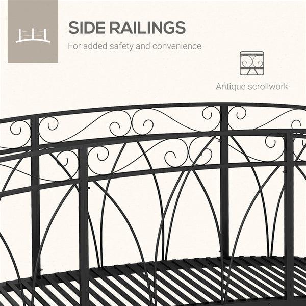 Passerelle de jardin en métal avec garde-corps et volutes décoratives, noire