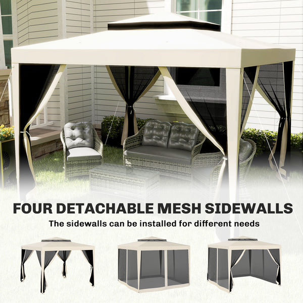 10' x 10' Outdoor Canopy Tent Party Tent with Mesh Netting and Double Tier Roof for Backyard, Garden, Patio, Beige