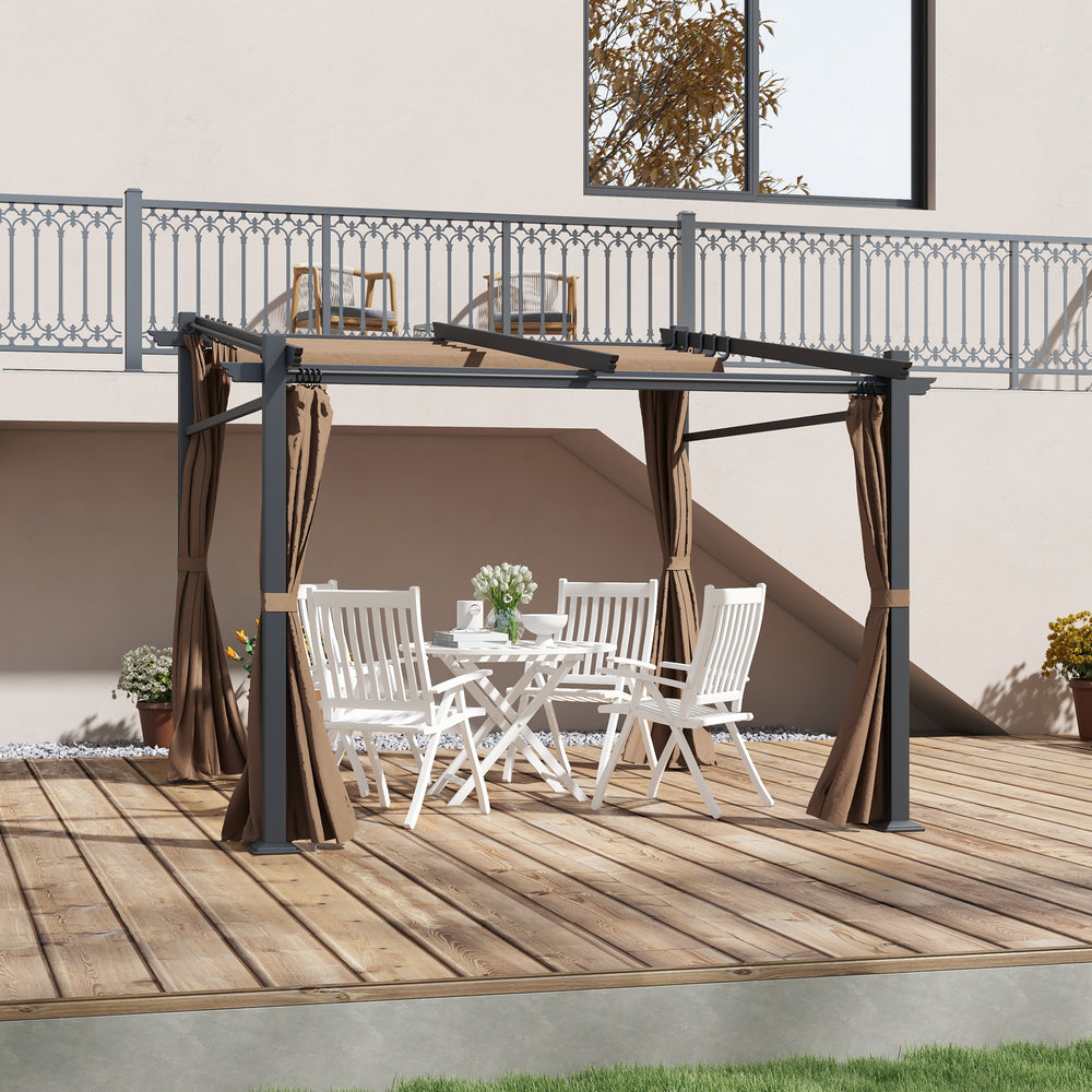 Pergola métallique 10 x 10 avec toit coulissant et rétractable, couleur café