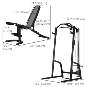 Cage de musculation multifonctionnelle avec banc réglable, barre d'haltères et rack à squats à 15 niveaux