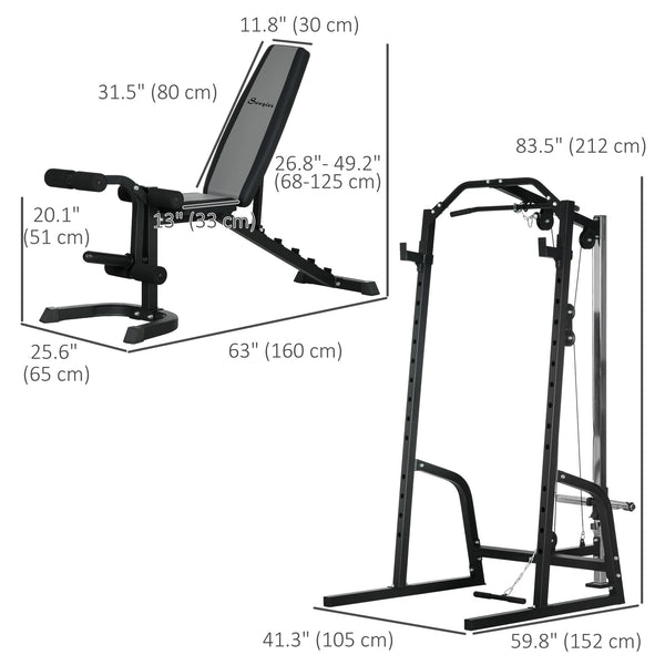 Cage de musculation multifonctionnelle avec banc réglable, barre d'haltères et rack à squats à 15 niveaux