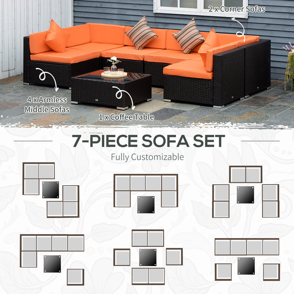 Ensemble de jardin modulable 7 pièces en résine tressée avec table basse, orange