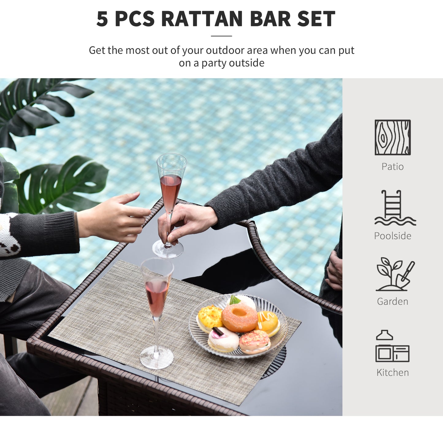 Ensemble de bar de terrasse 5 pièces, table et chaises hautes en rotin synthétique, avec plateau en verre trempé, étagères et 4 chaises de bar, marron foncé