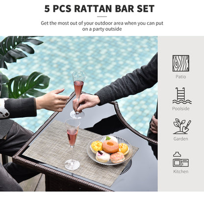 Ensemble de bar de terrasse 5 pièces, table et chaises hautes en rotin synthétique, avec plateau en verre trempé, étagères et 4 chaises de bar, marron foncé