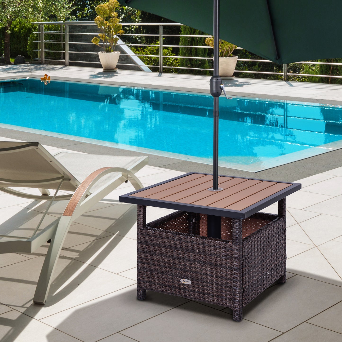 Outsunny 55cm Square Rattan Table with Umbrella Hole, Outdoor Patio Side Table, Can Be Used as an Umbrella Stand, Brown
