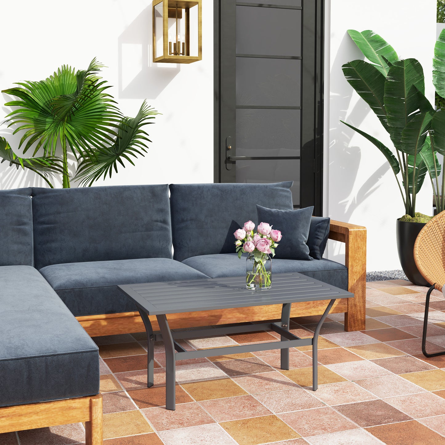 Outsunny Outdoor Side Table with Slatted Top, Metal Coffee Table for Garden and Balcony, Dark Grey