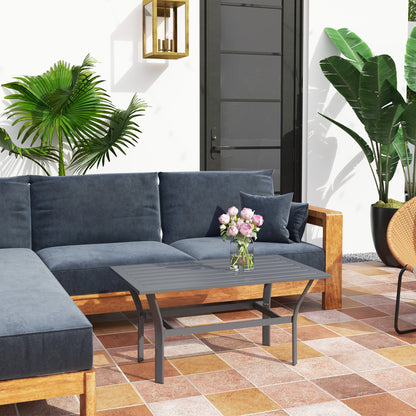 Outsunny Outdoor Side Table with Slatted Top, Metal Coffee Table for Garden and Balcony, Dark Grey