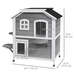 Maison à deux étages pour chats en bois avec toit ouvrant, grise